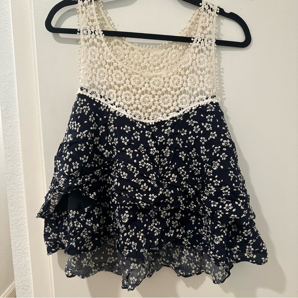 Cecico Navy and Cream Floral Lace Blouse